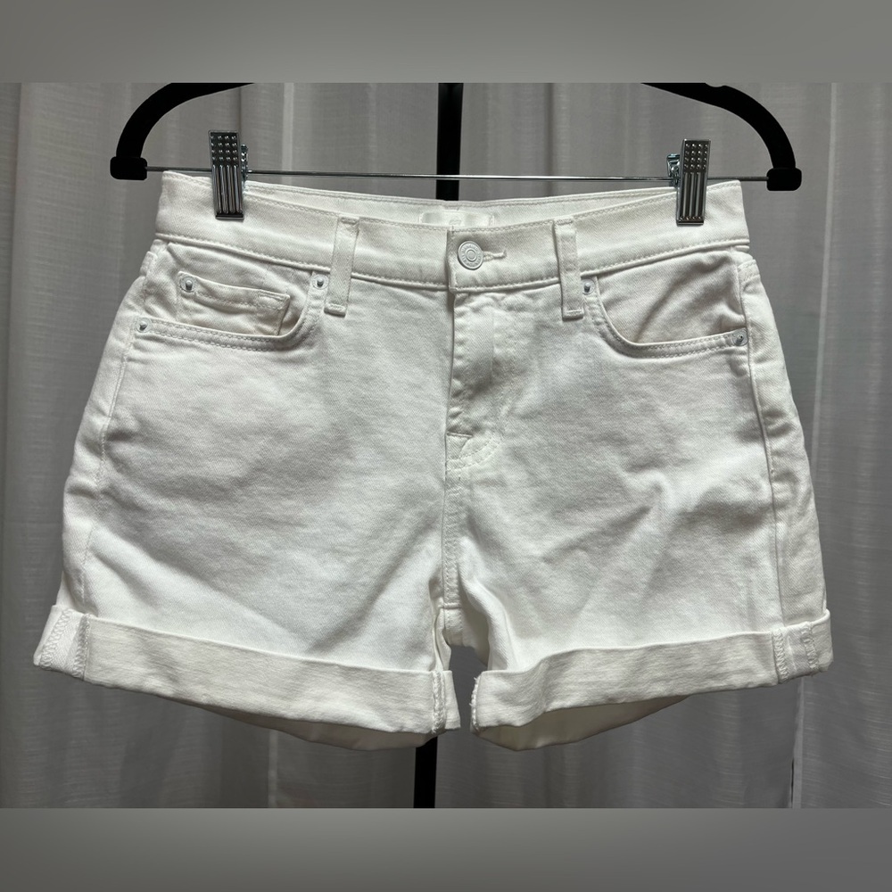 7 For All Mankind Broken Twill White Stretch Mid Roll Cuff Shorts | size 25